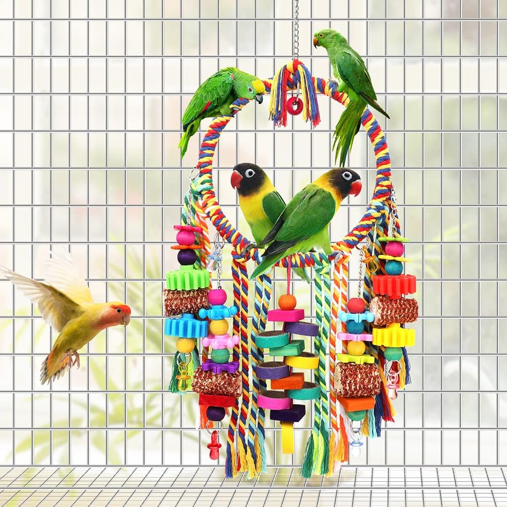 Bird Toys Bird Rope Ring Swing Perch with Corn Cob Cardboard Bagels Wooden Blocks Chewing Toys for Parakeets,Conure,Lovebirds,Finches and Other Small to Medium-Sized Birds