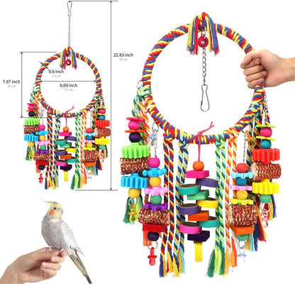 Bird Toys Bird Rope Ring Swing Perch with Corn Cob Cardboard Bagels Wooden Blocks Chewing Toys for Parakeets,Conure,Lovebirds,Finches and Other Small to Medium-Sized Birds