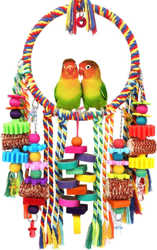 Bird Toys Bird Rope Ring Swing Perch with Corn Cob Cardboard Bagels Wooden Blocks Chewing Toys for Parakeets,Conure,Lovebirds,Finches and Other Small to Medium-Sized Birds